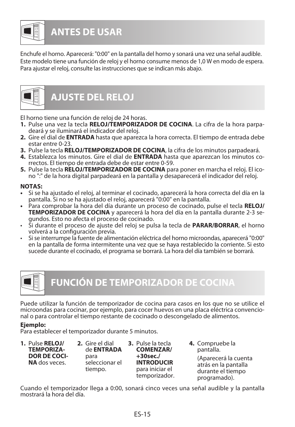 Antes de usar ajuste del reloj, Función de temporizador de cocina | Sharp R-622STWE Four à micro-ondes gril User Manual | Page 44 / 266