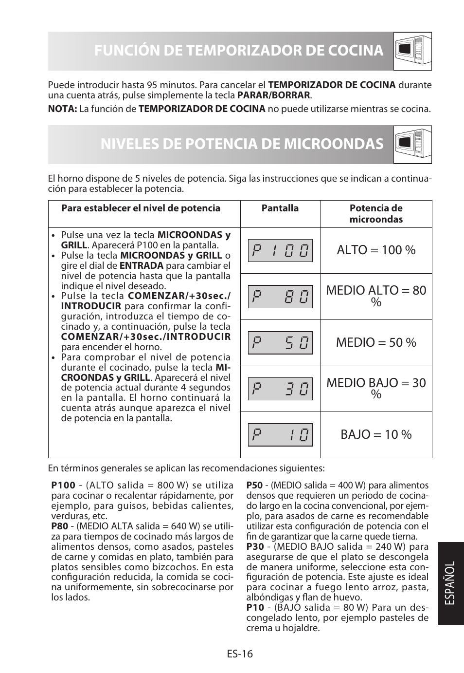 Niveles de potencia de microondas, Función de temporizador de cocina | Sharp R-622STWE Four à micro-ondes gril User Manual | Page 45 / 266