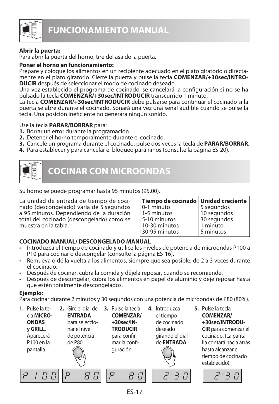 Funcionamiento manual cocinar con microondas | Sharp R-622STWE Four à micro-ondes gril User Manual | Page 46 / 266