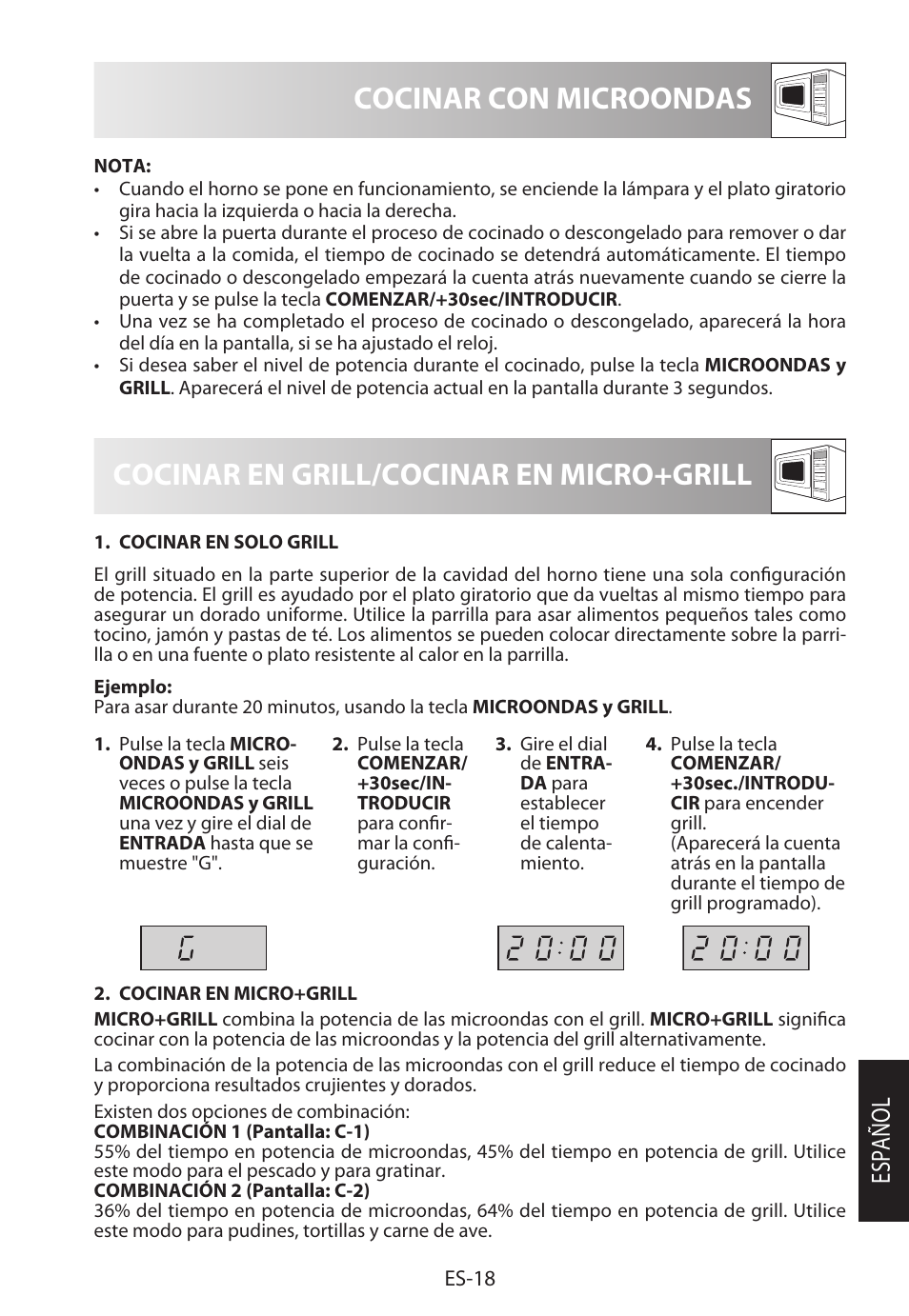 Cocinar con microondas, Cocinar en grill/cocinar en micro+grill, Español | Sharp R-622STWE Four à micro-ondes gril User Manual | Page 47 / 266