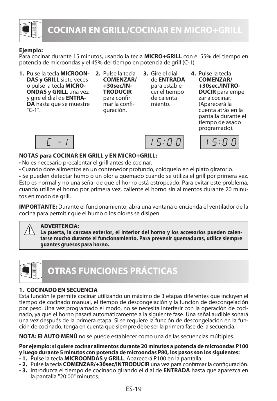 Cocinar en grill/cocinar en micro+grill, Otras funciones prácticas | Sharp R-622STWE Four à micro-ondes gril User Manual | Page 48 / 266