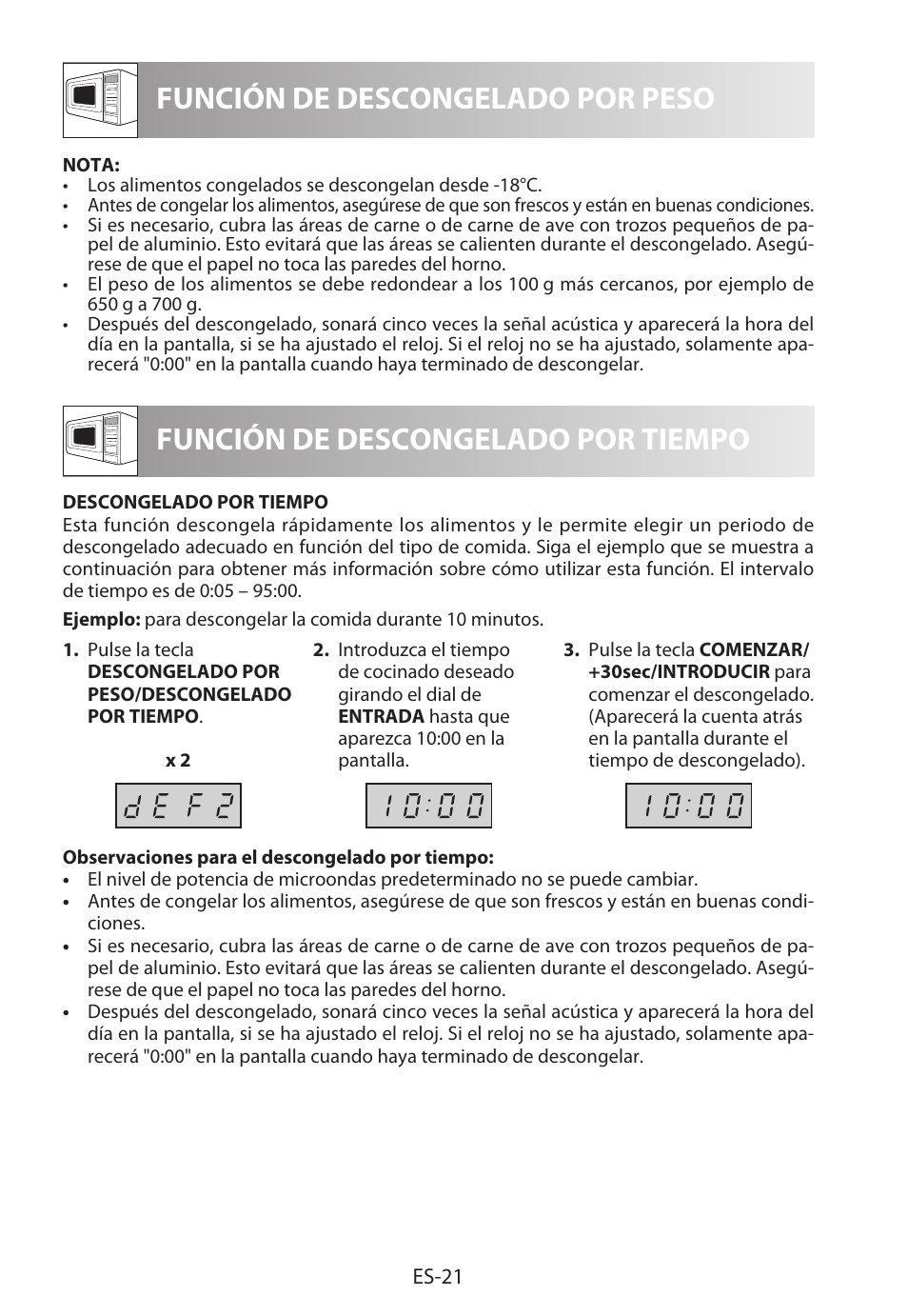 Función de descongelado por peso, Función de descongelado por tiempo | Sharp R-622STWE Four à micro-ondes gril User Manual | Page 50 / 266