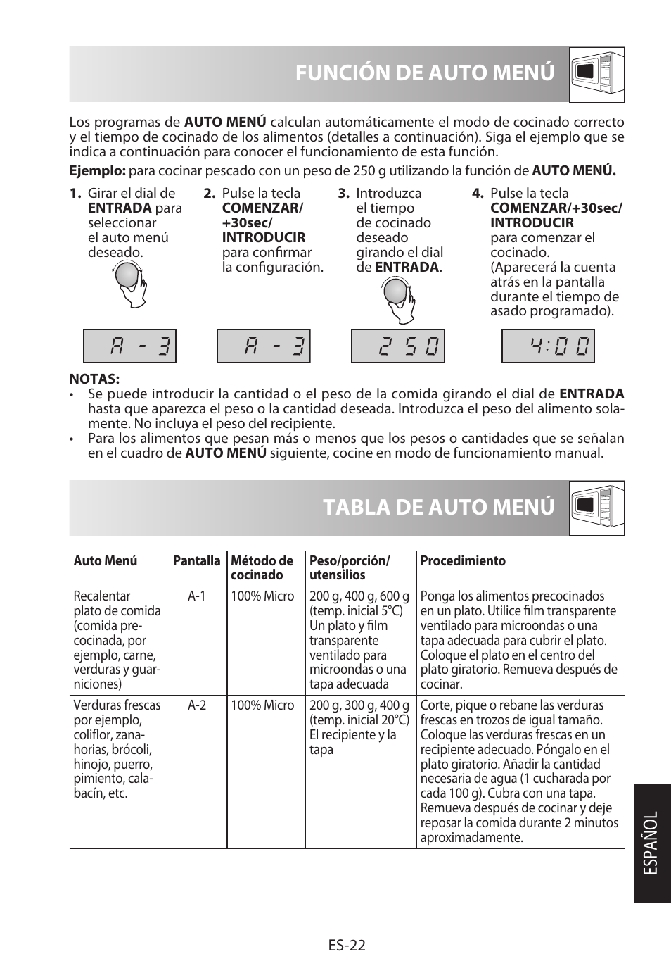 Tabla de auto menú, Función de auto menú, Español | Sharp R-622STWE Four à micro-ondes gril User Manual | Page 51 / 266