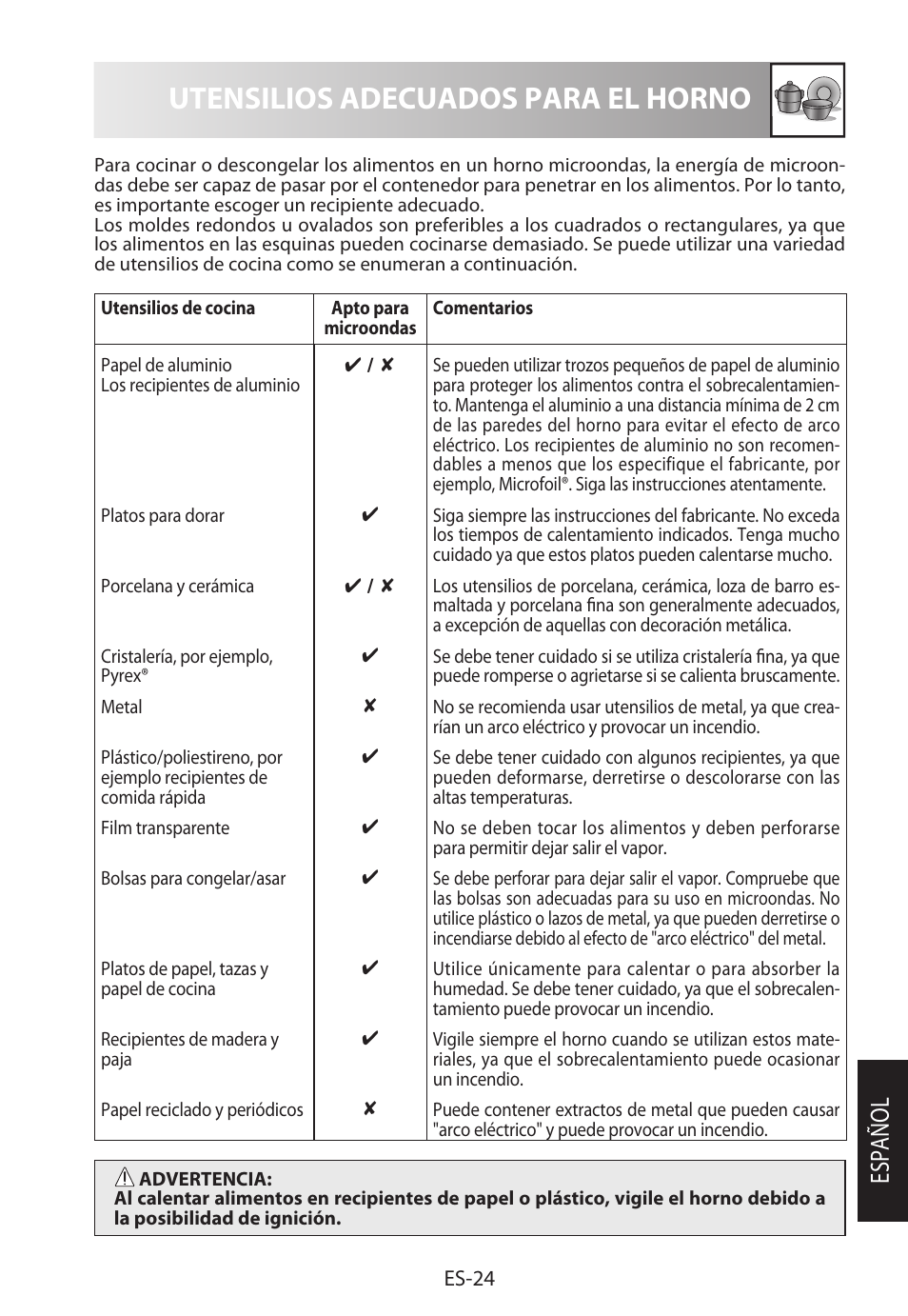 Utensilios adecuados para el horno, Español | Sharp R-622STWE Four à micro-ondes gril User Manual | Page 53 / 266
