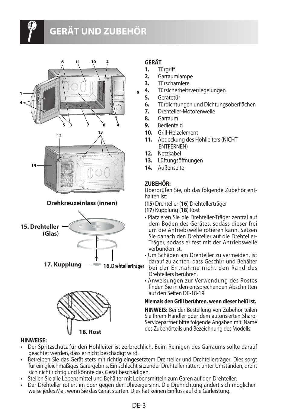 Gerät und zubehör, De-3 | Sharp R-622STWE Four à micro-ondes gril User Manual | Page 6 / 266