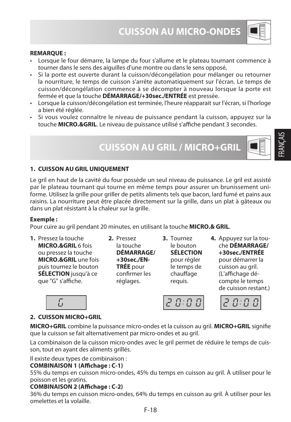 Cuisson au micro-ondes, Cuisson au gril / micro+gril, Français | Sharp R-622STWE Four à micro-ondes gril User Manual | Page 73 / 266