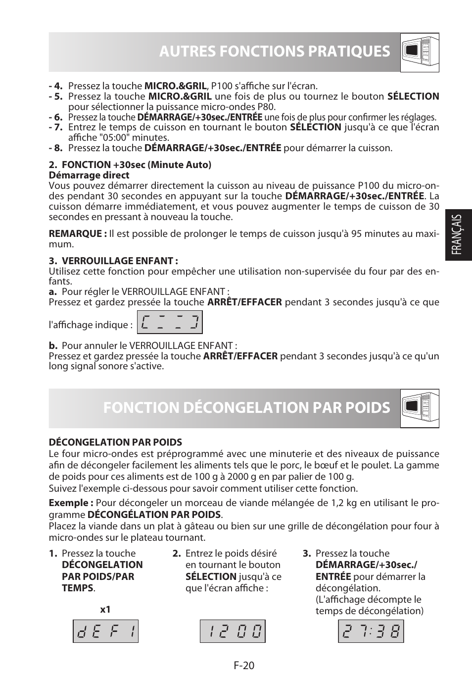 Fonction décongelation par poids, Autres fonctions pratiques, Français | Sharp R-622STWE Four à micro-ondes gril User Manual | Page 75 / 266