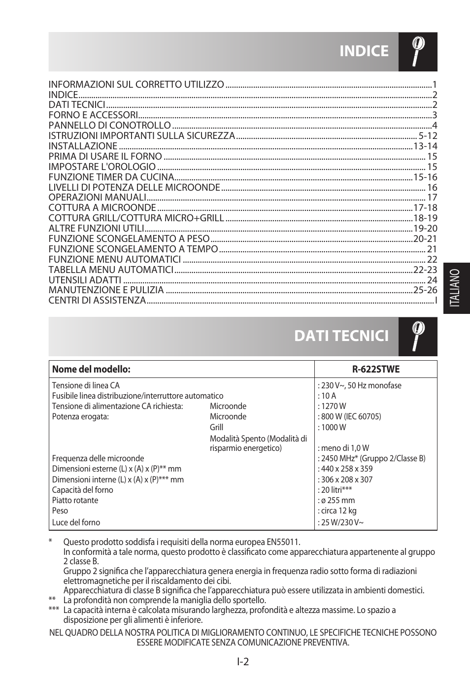 Dati tecnici indice, It aliano | Sharp R-622STWE Four à micro-ondes gril User Manual | Page 83 / 266