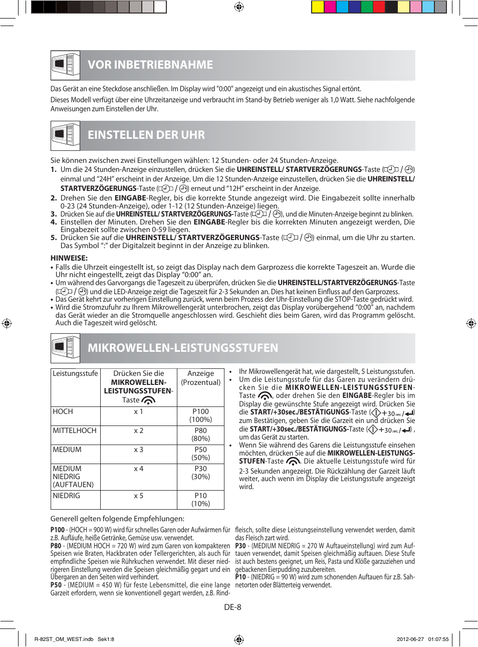 Vor inbetriebnahme mikrowellen-leistungsstufen, Einstellen der uhr | Sharp R-82STW Four à micro-ondes combiné User Manual | Page 10 / 180