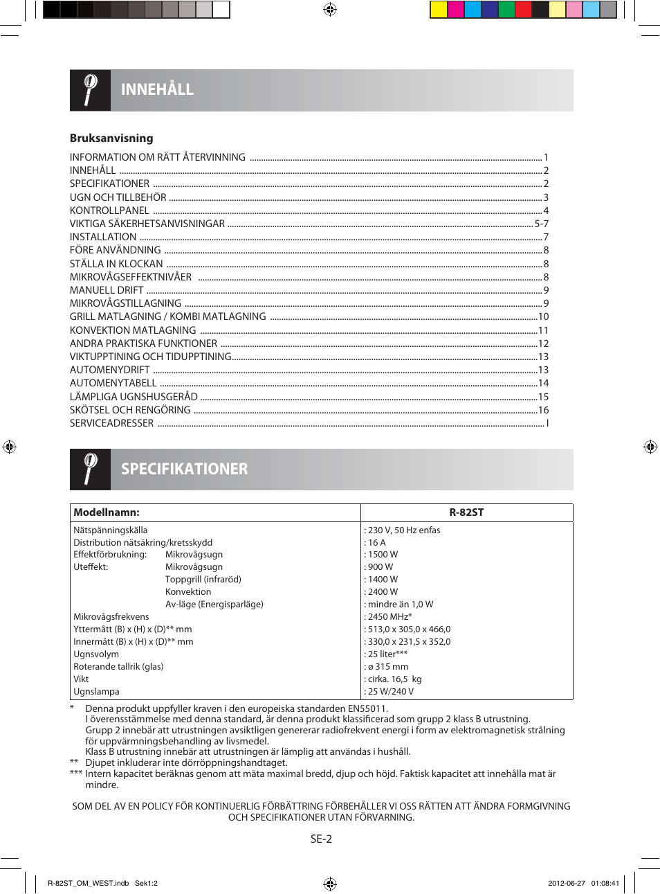 Specifikationer innehåll | Sharp R-82STW Four à micro-ondes combiné User Manual | Page 100 / 180