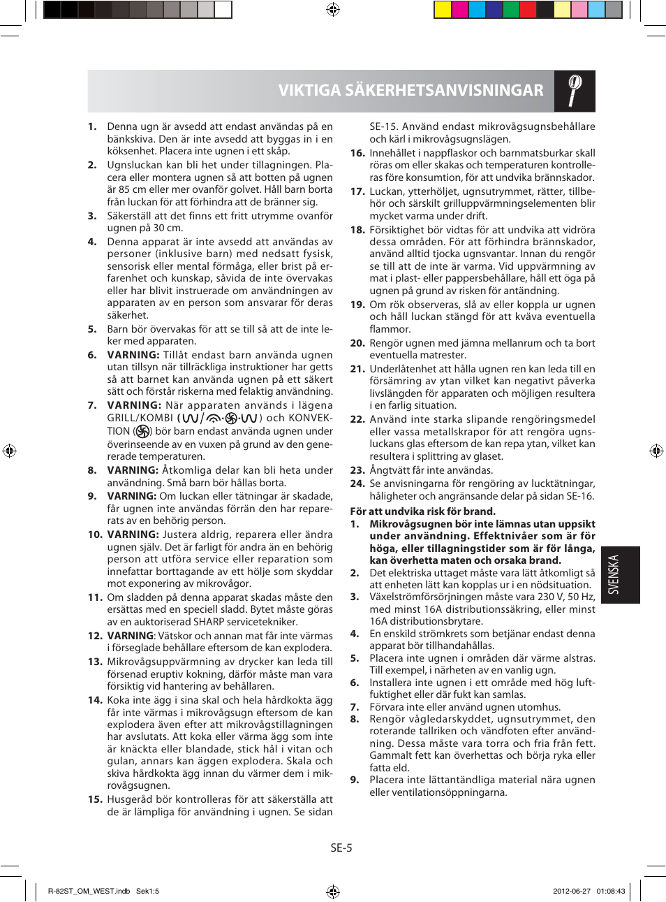 Viktiga säkerhetsanvisningar, Svensk a | Sharp R-82STW Four à micro-ondes combiné User Manual | Page 103 / 180