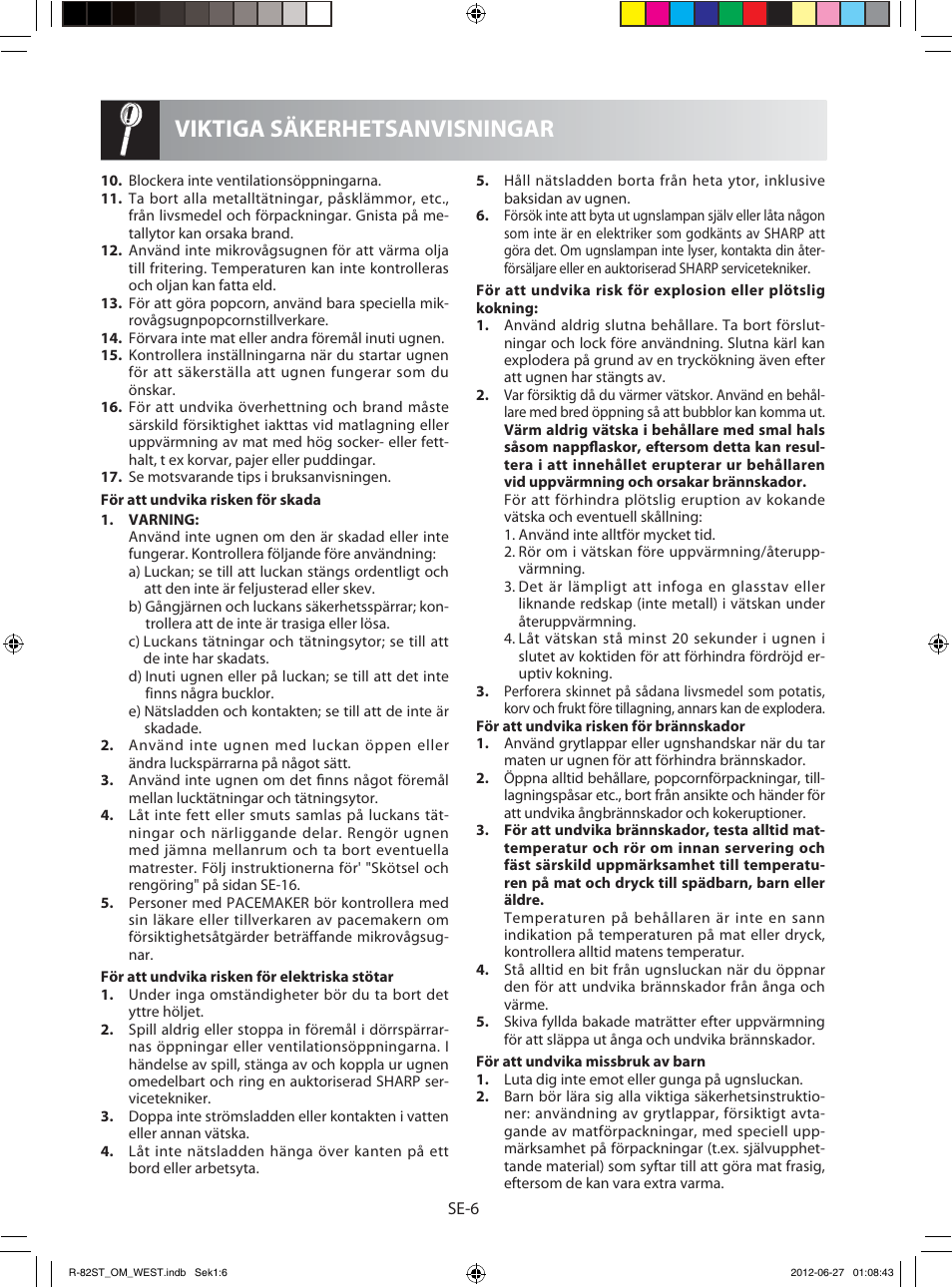 Viktiga säkerhetsanvisningar | Sharp R-82STW Four à micro-ondes combiné User Manual | Page 104 / 180