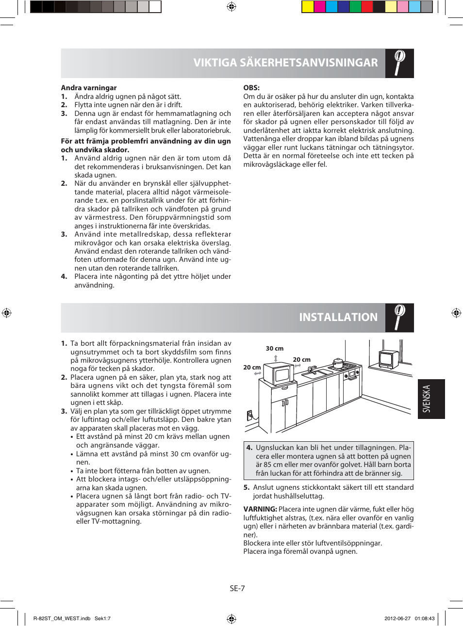 Installation viktiga säkerhetsanvisningar, Svensk a | Sharp R-82STW Four à micro-ondes combiné User Manual | Page 105 / 180