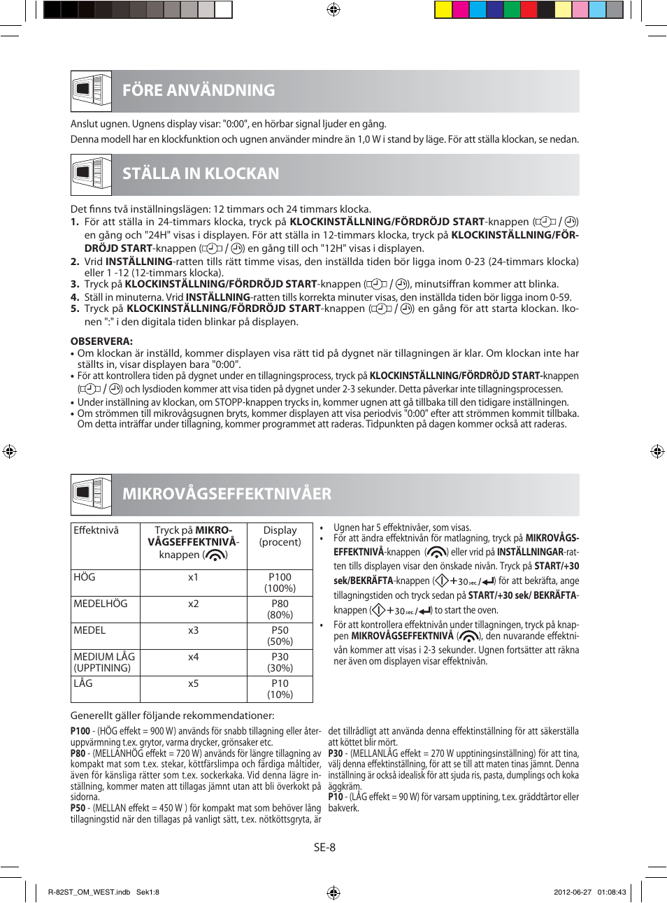 Före användning mikrovågseffektnivåer, Ställa in klockan | Sharp R-82STW Four à micro-ondes combiné User Manual | Page 106 / 180