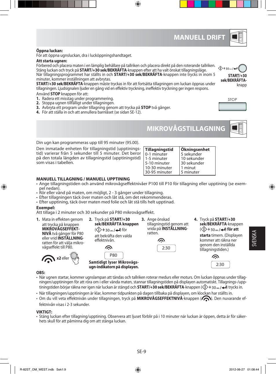 Mikrovågstillagning manuell drift, Svensk a | Sharp R-82STW Four à micro-ondes combiné User Manual | Page 107 / 180