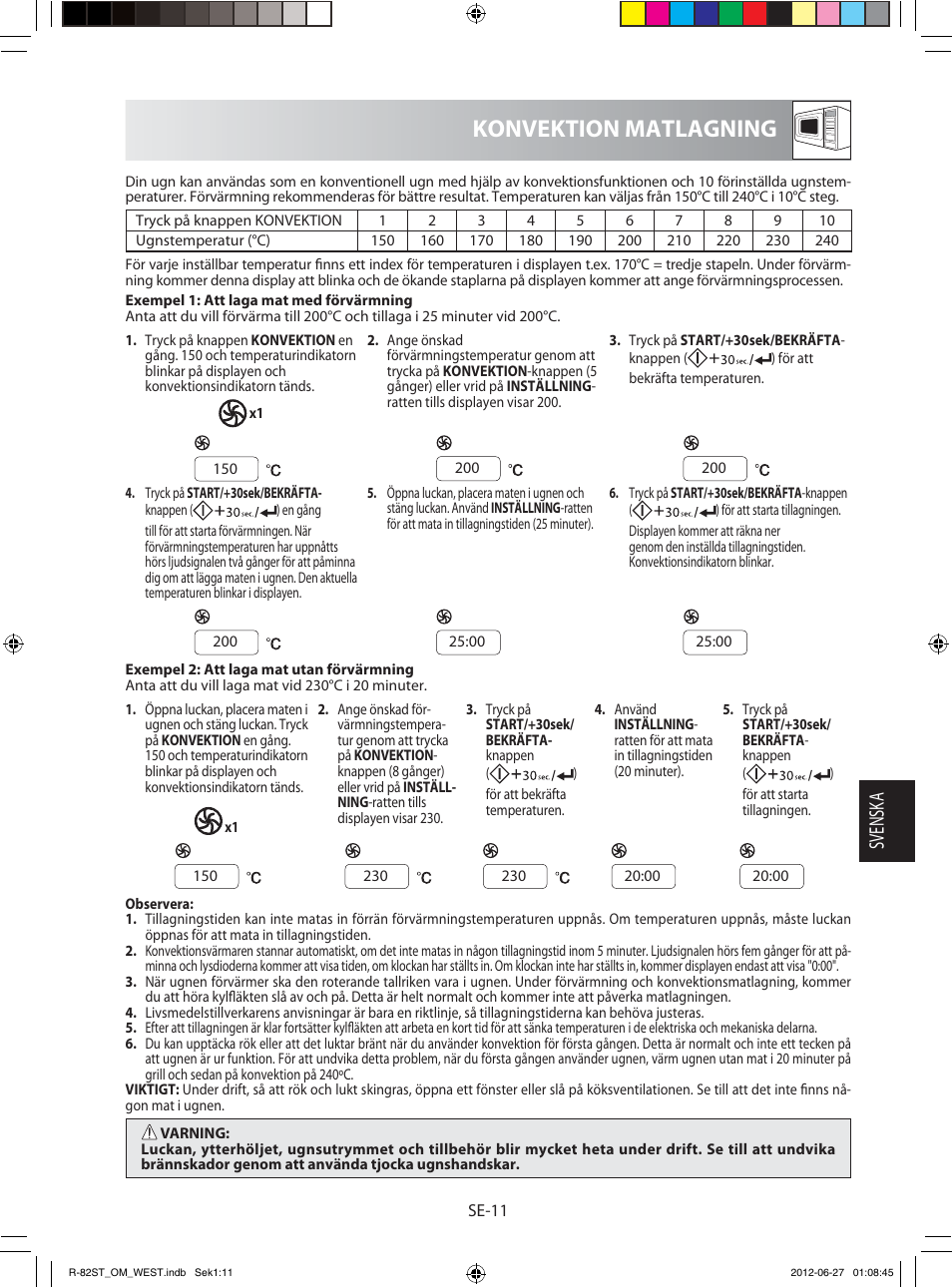 Konvektion matlagning, Svensk a | Sharp R-82STW Four à micro-ondes combiné User Manual | Page 109 / 180