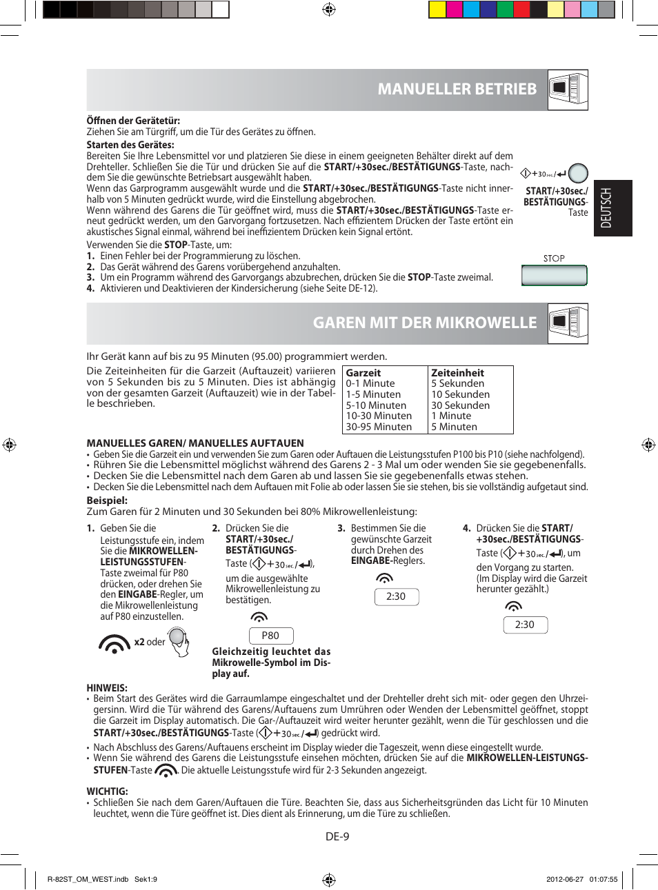 Garen mit der mikrowelle manueller betrieb, Deutsch | Sharp R-82STW Four à micro-ondes combiné User Manual | Page 11 / 180