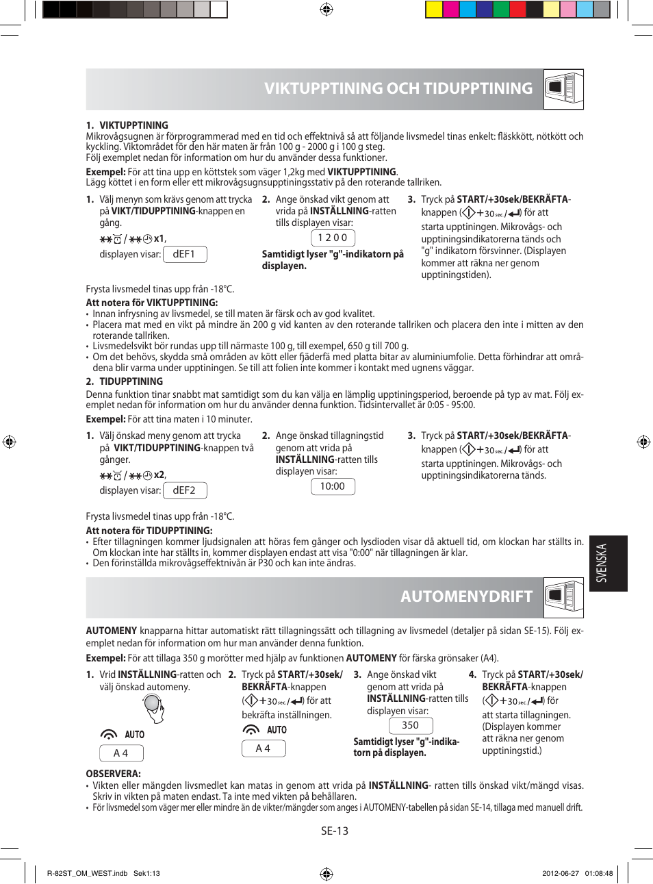 Viktupptining och tidupptining, Automenydrift, Svensk a | Sharp R-82STW Four à micro-ondes combiné User Manual | Page 111 / 180