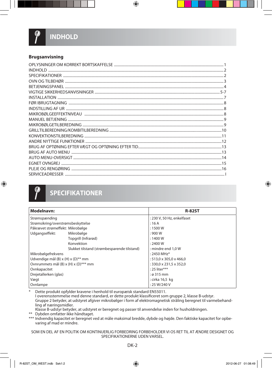 Specifikationer indhold | Sharp R-82STW Four à micro-ondes combiné User Manual | Page 116 / 180