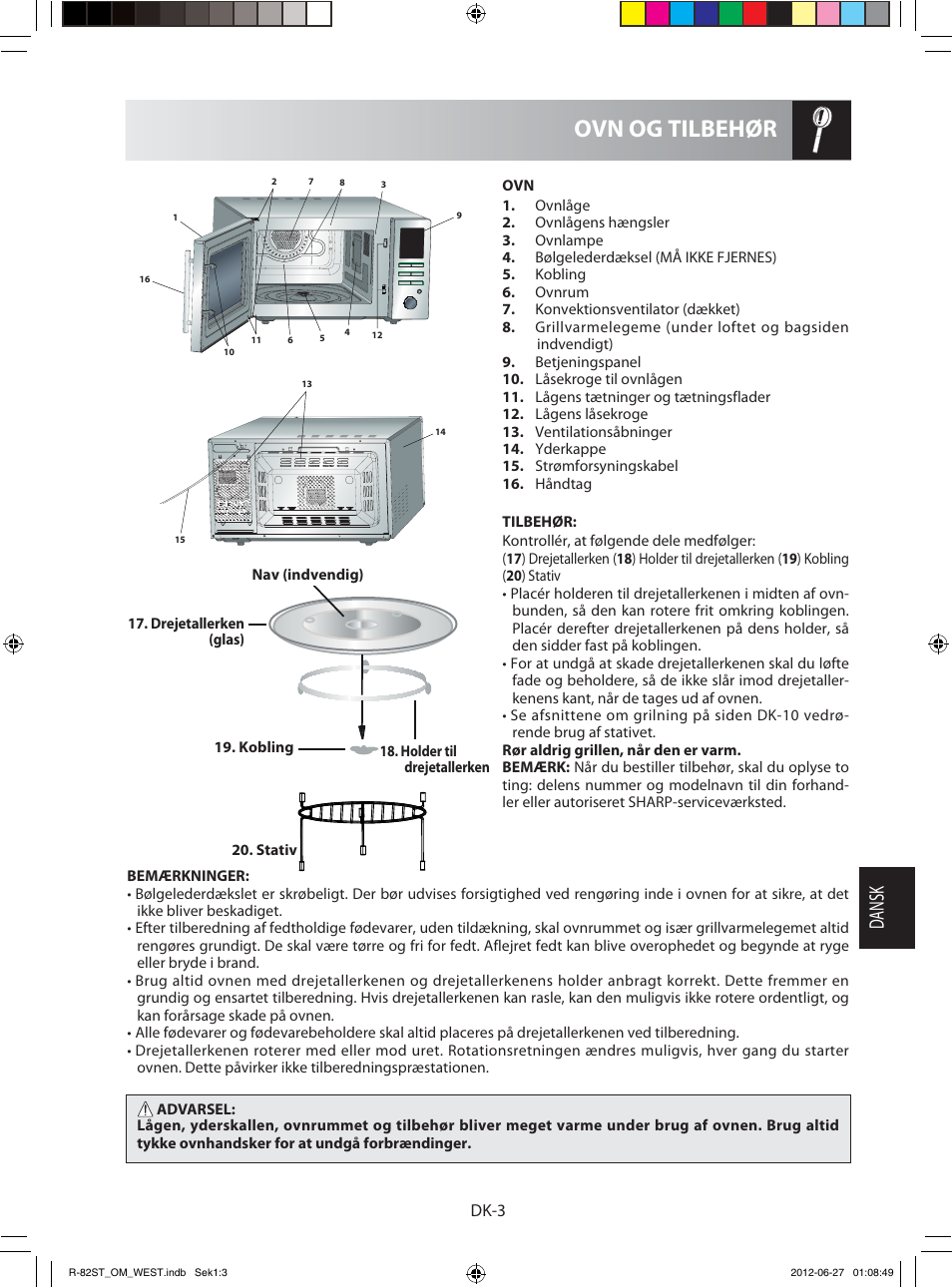 Ovn og tilbehør, Dansk | Sharp R-82STW Four à micro-ondes combiné User Manual | Page 117 / 180