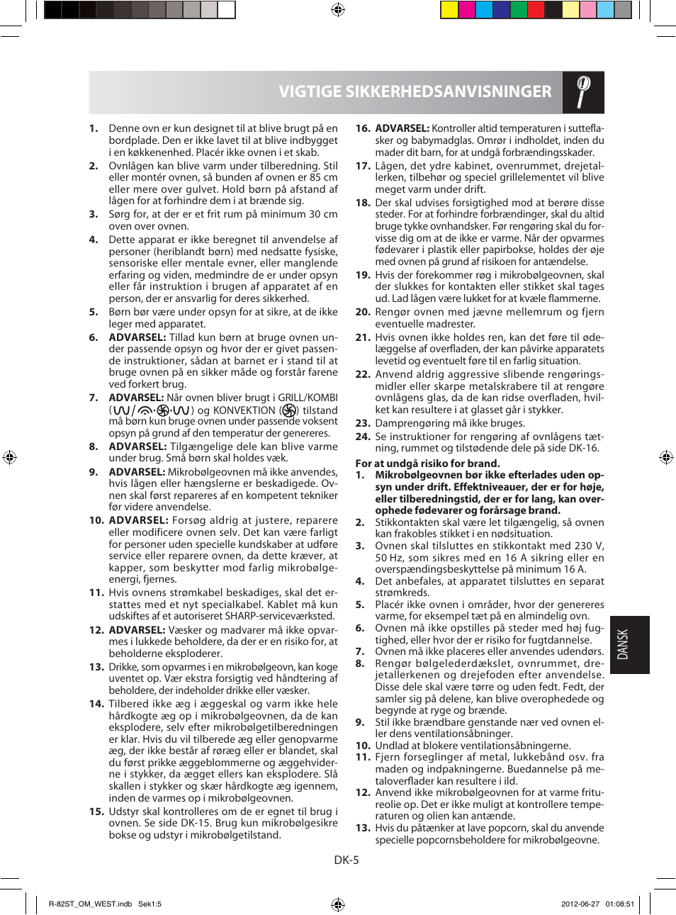 Vigtige sikkerhedsanvisninger, Dansk | Sharp R-82STW Four à micro-ondes combiné User Manual | Page 119 / 180