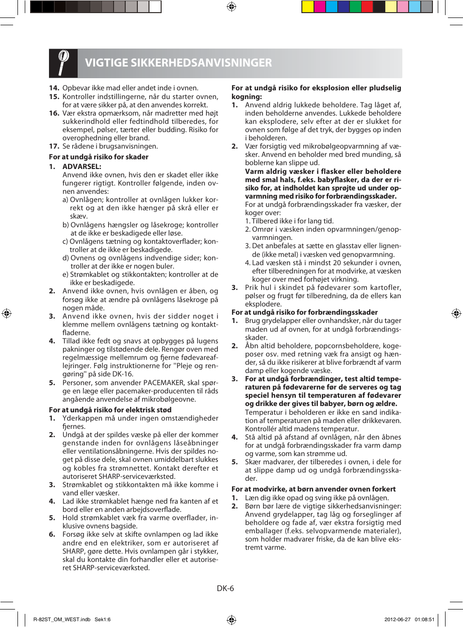 Vigtige sikkerhedsanvisninger | Sharp R-82STW Four à micro-ondes combiné User Manual | Page 120 / 180