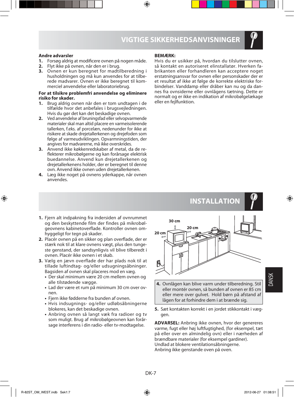 Installation vigtige sikkerhedsanvisninger, Dansk | Sharp R-82STW Four à micro-ondes combiné User Manual | Page 121 / 180