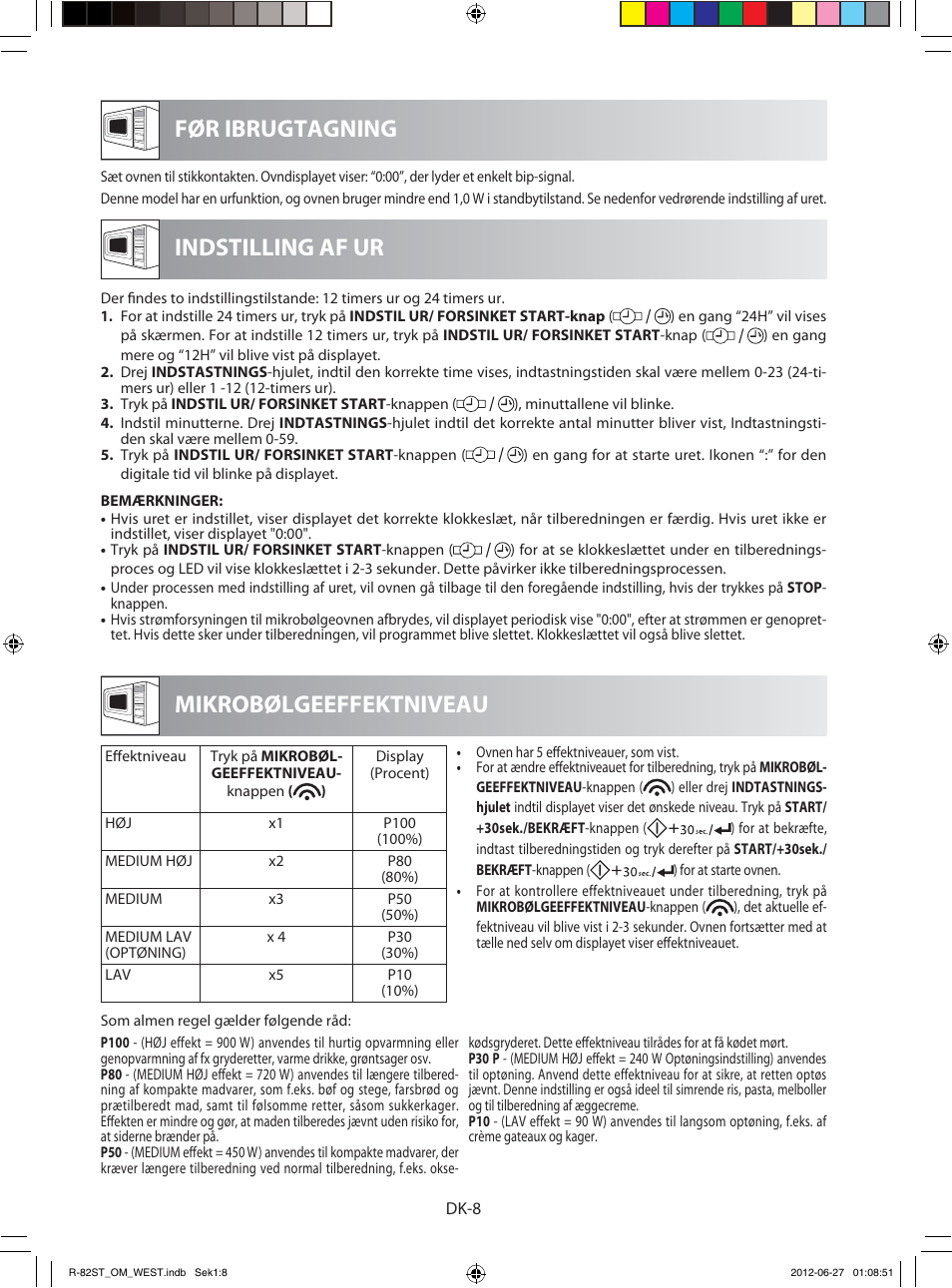 Før ibrugtagning mikrobølgeeffektniveau, Indstilling af ur | Sharp R-82STW Four à micro-ondes combiné User Manual | Page 122 / 180