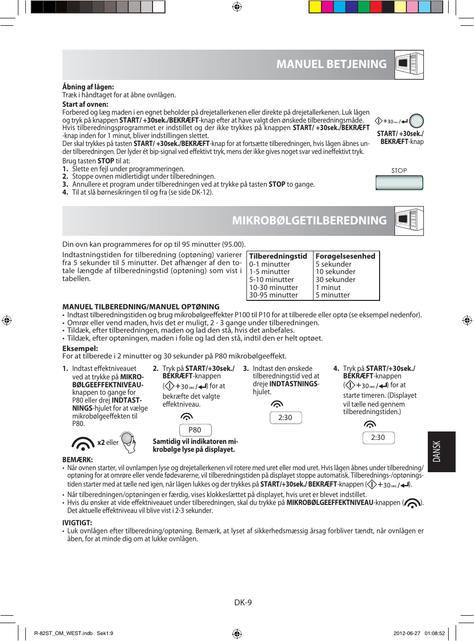 Mikrobølgetilberedning manuel betjening, Dansk | Sharp R-82STW Four à micro-ondes combiné User Manual | Page 123 / 180