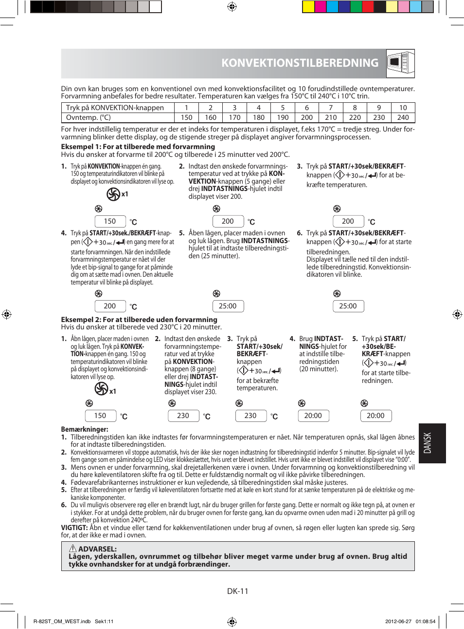 Konvektionstilberedning, Dansk | Sharp R-82STW Four à micro-ondes combiné User Manual | Page 125 / 180