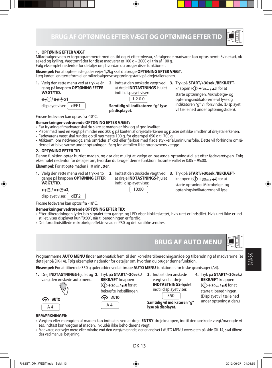 Brug af optøning efter vægt og optøning efter tid, Brug af auto menu, Dansk | Sharp R-82STW Four à micro-ondes combiné User Manual | Page 127 / 180