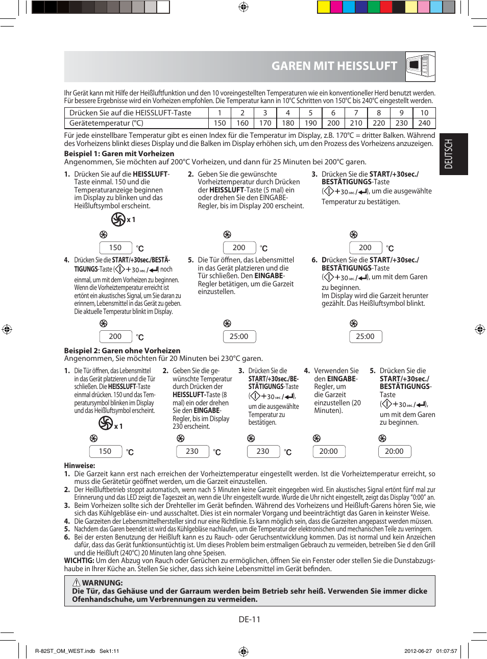 Garen mit heissluft, Deutsch | Sharp R-82STW Four à micro-ondes combiné User Manual | Page 13 / 180