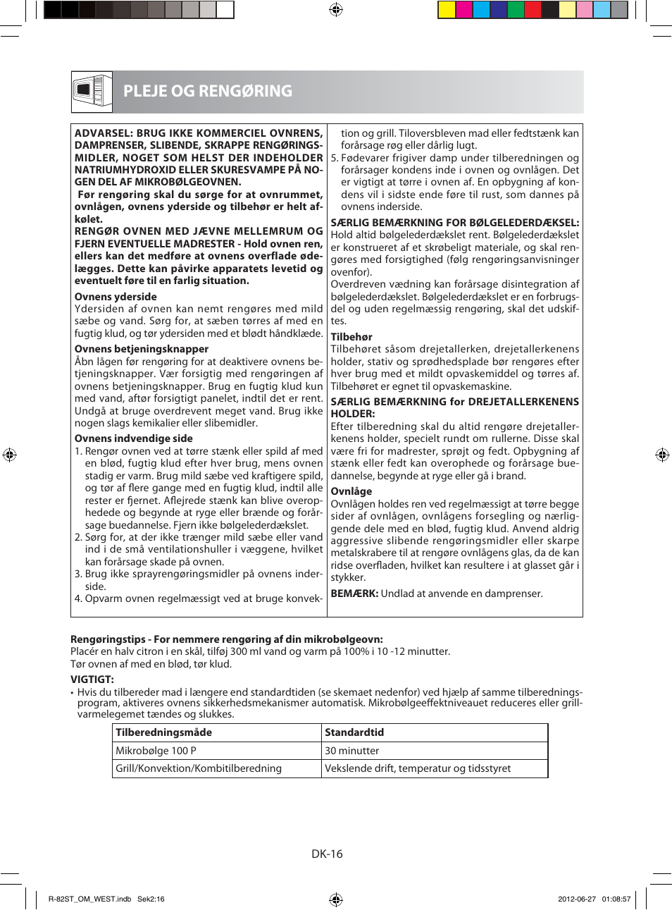 Pleje og rengøring | Sharp R-82STW Four à micro-ondes combiné User Manual | Page 130 / 180