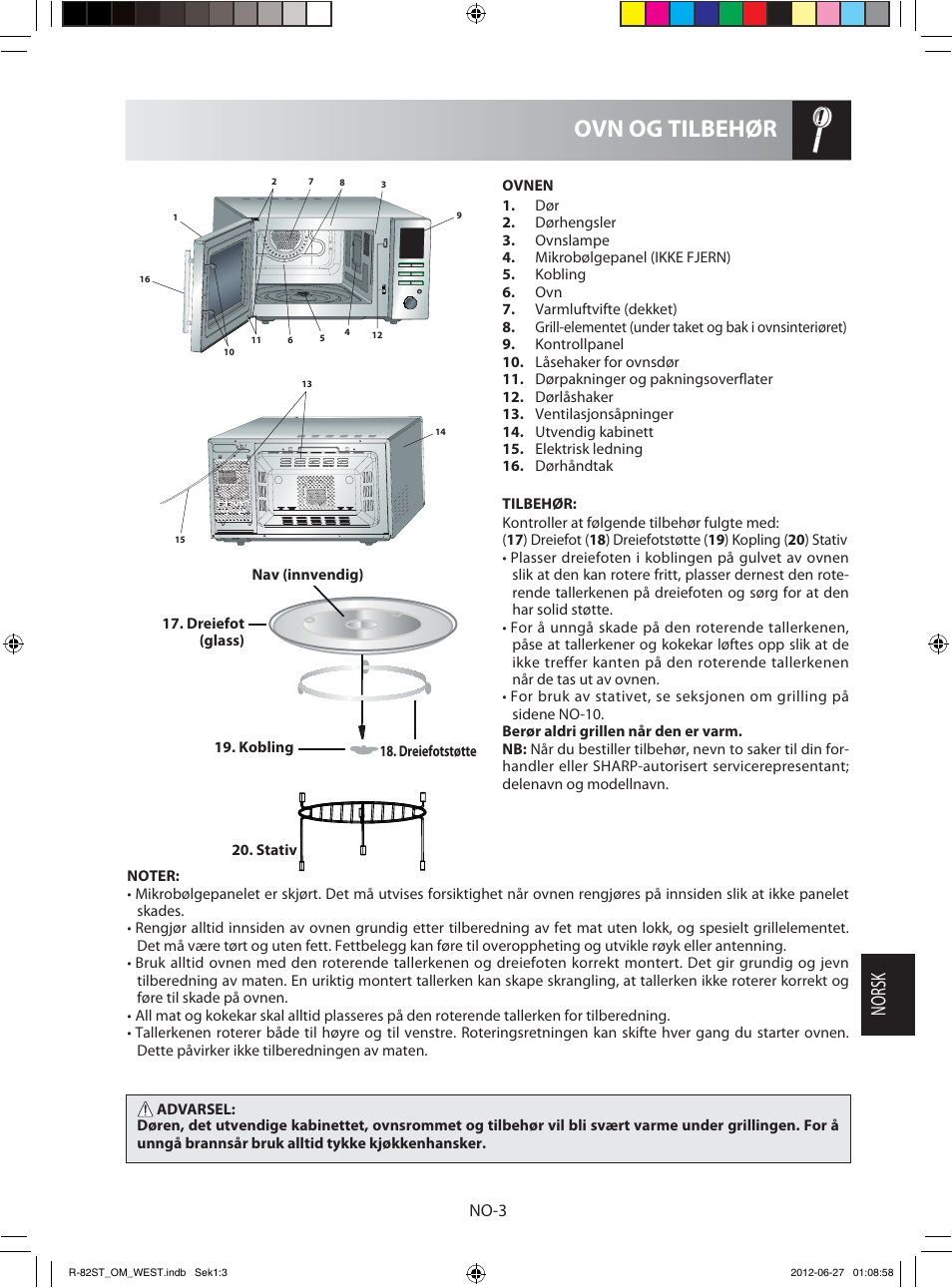 Ovn og tilbehør, Norsk, No-3 | Sharp R-82STW Four à micro-ondes combiné User Manual | Page 133 / 180