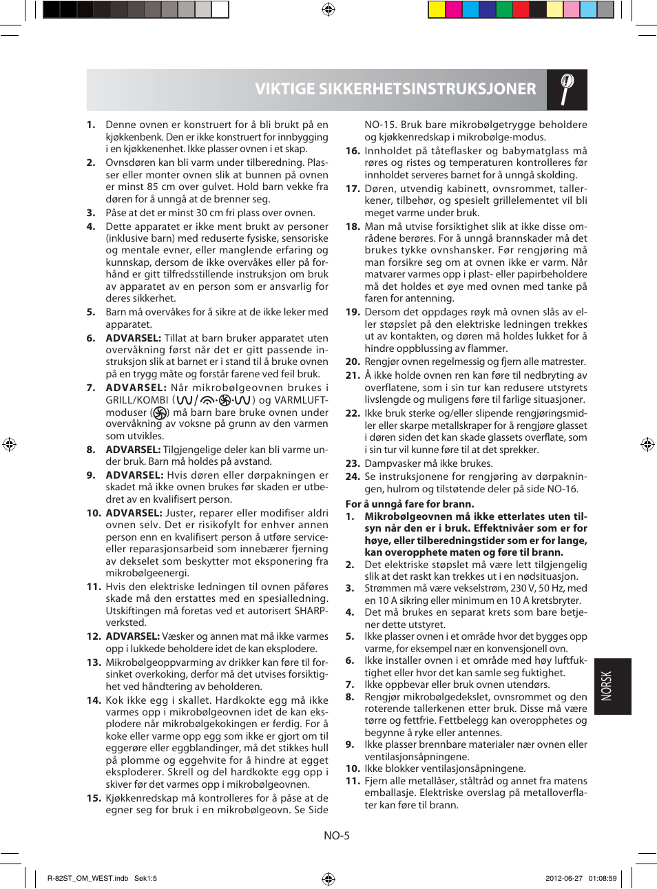 Viktige sikkerhetsinstruksjoner, Norsk | Sharp R-82STW Four à micro-ondes combiné User Manual | Page 135 / 180