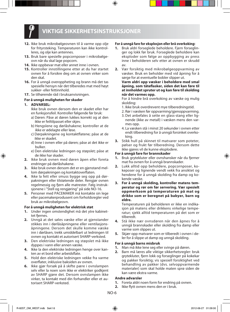 Viktige sikkerhetsinstruksjoner | Sharp R-82STW Four à micro-ondes combiné User Manual | Page 136 / 180