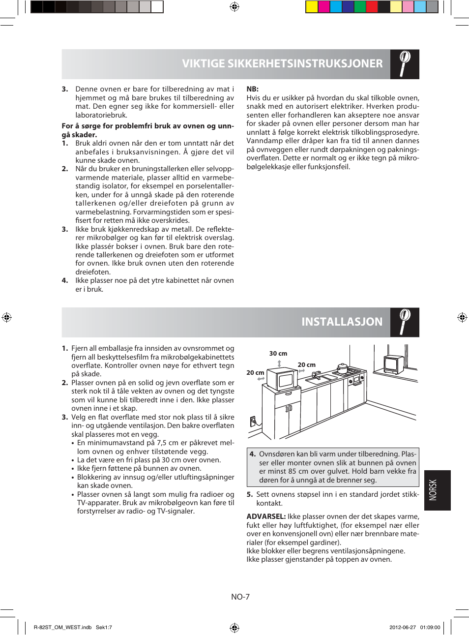 Installasjon viktige sikkerhetsinstruksjoner, Norsk | Sharp R-82STW Four à micro-ondes combiné User Manual | Page 137 / 180