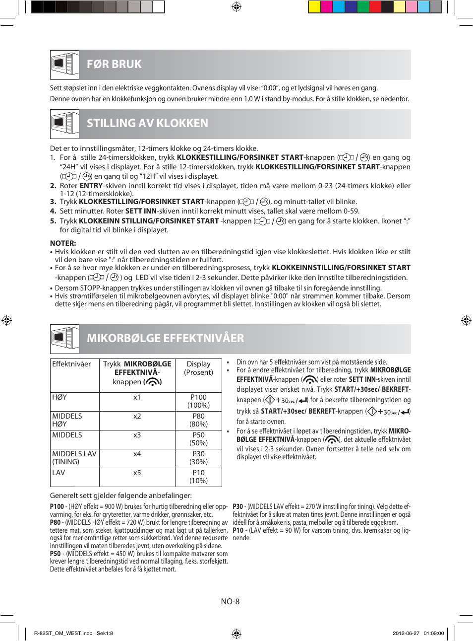 Før bruk mikorbølge effektnivåer, Stilling av klokken | Sharp R-82STW Four à micro-ondes combiné User Manual | Page 138 / 180