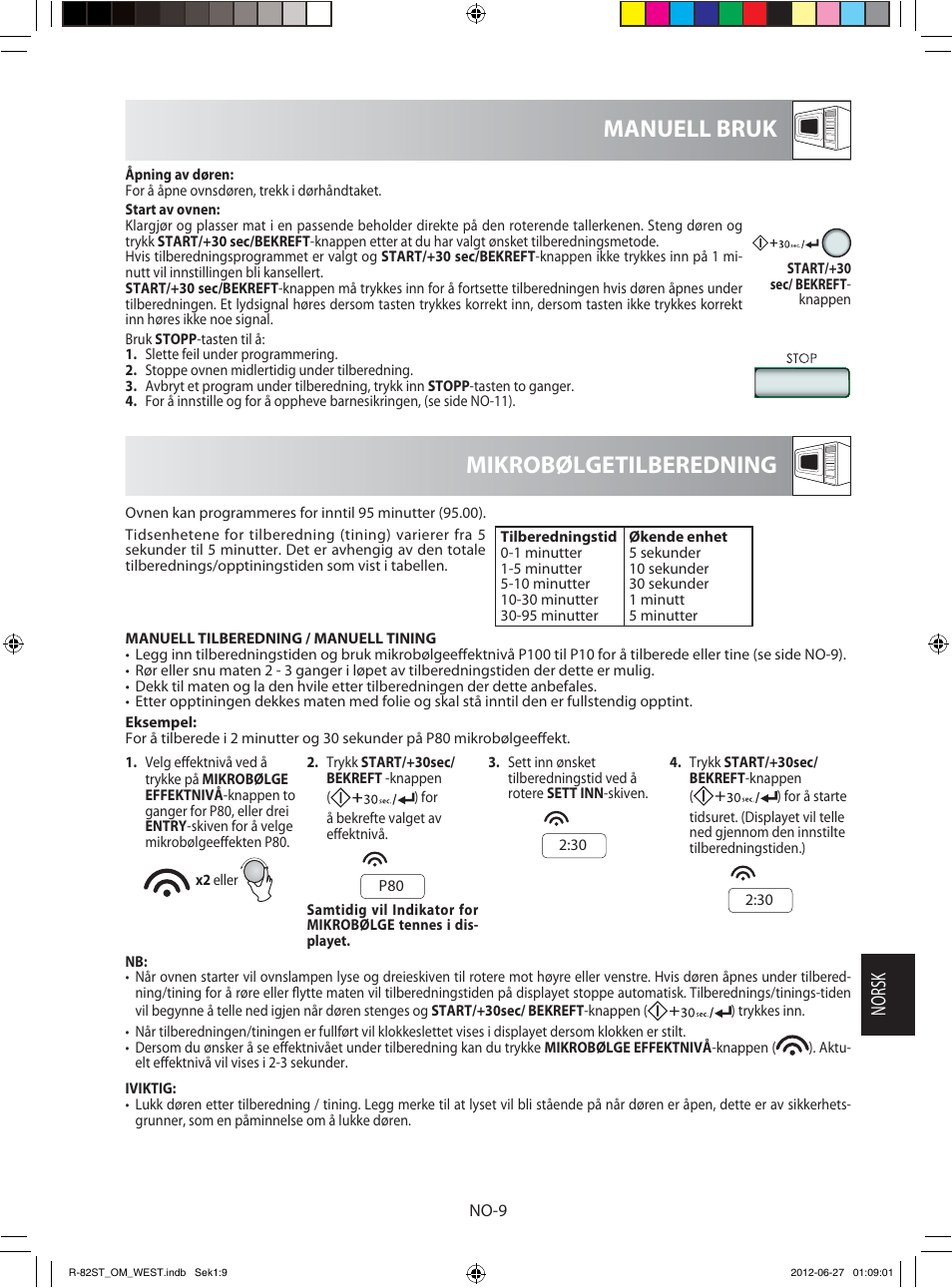 Mikrobølgetilberedning manuell bruk, Norsk | Sharp R-82STW Four à micro-ondes combiné User Manual | Page 139 / 180