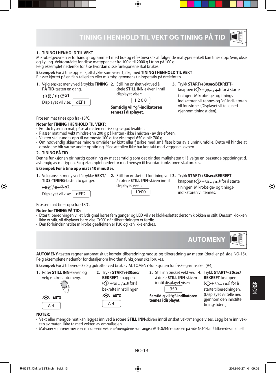 Tining i henhold til vekt og tining på tid, Automeny, Norsk | Sharp R-82STW Four à micro-ondes combiné User Manual | Page 143 / 180