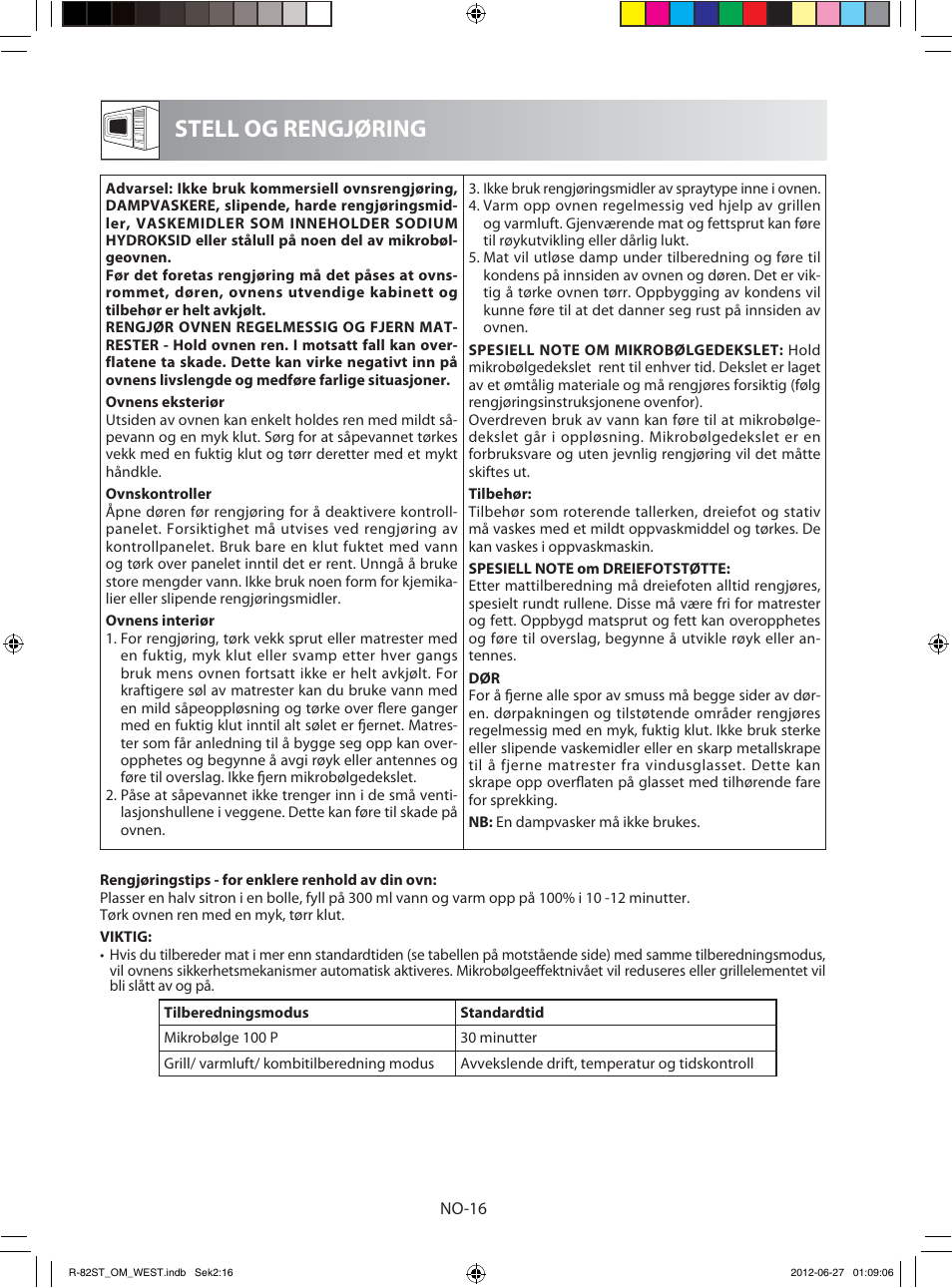 Stell og rengjøring | Sharp R-82STW Four à micro-ondes combiné User Manual | Page 146 / 180