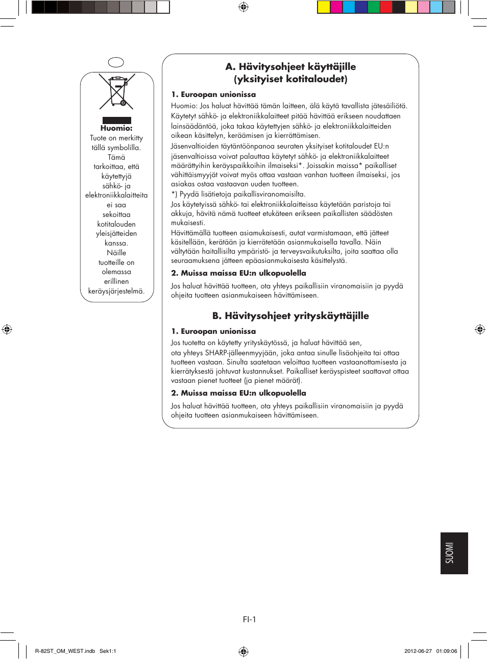 Suomi, B. hävitysohjeet yrityskäyttäjille | Sharp R-82STW Four à micro-ondes combiné User Manual | Page 147 / 180