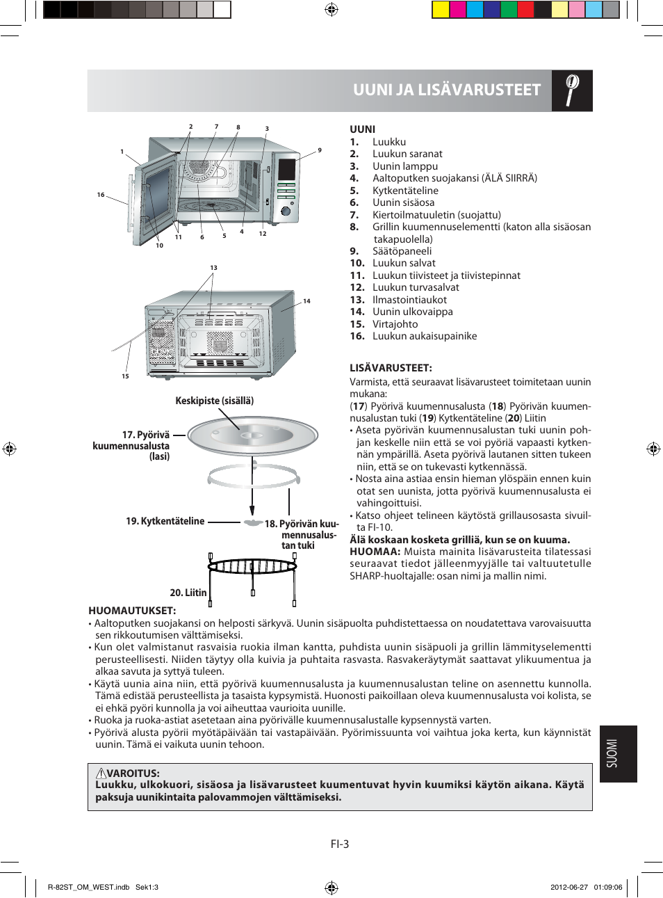 Uuni ja lisävarusteet, Suomi | Sharp R-82STW Four à micro-ondes combiné User Manual | Page 149 / 180