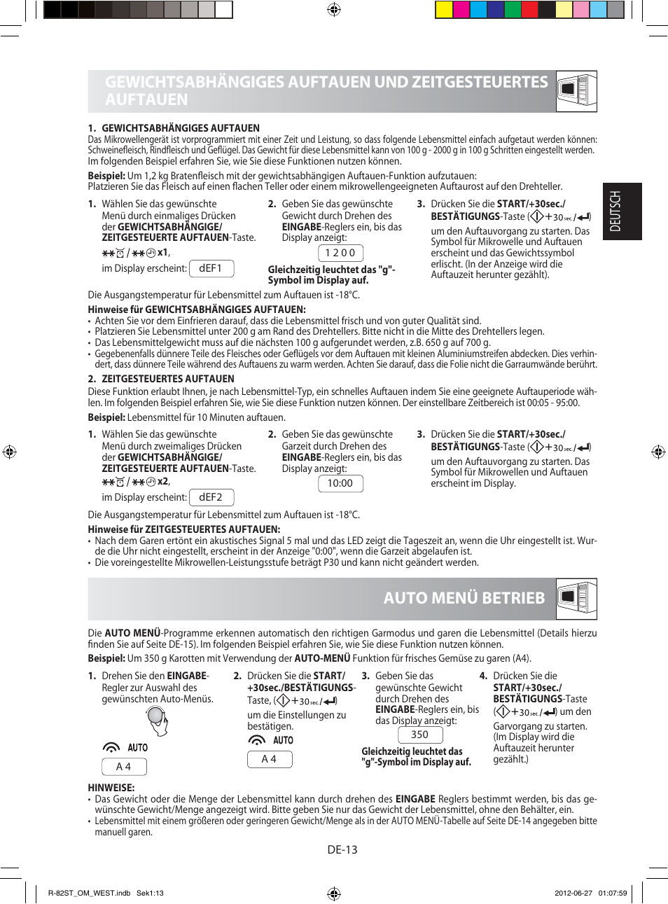 Auto menü betrieb, Deutsch | Sharp R-82STW Four à micro-ondes combiné User Manual | Page 15 / 180