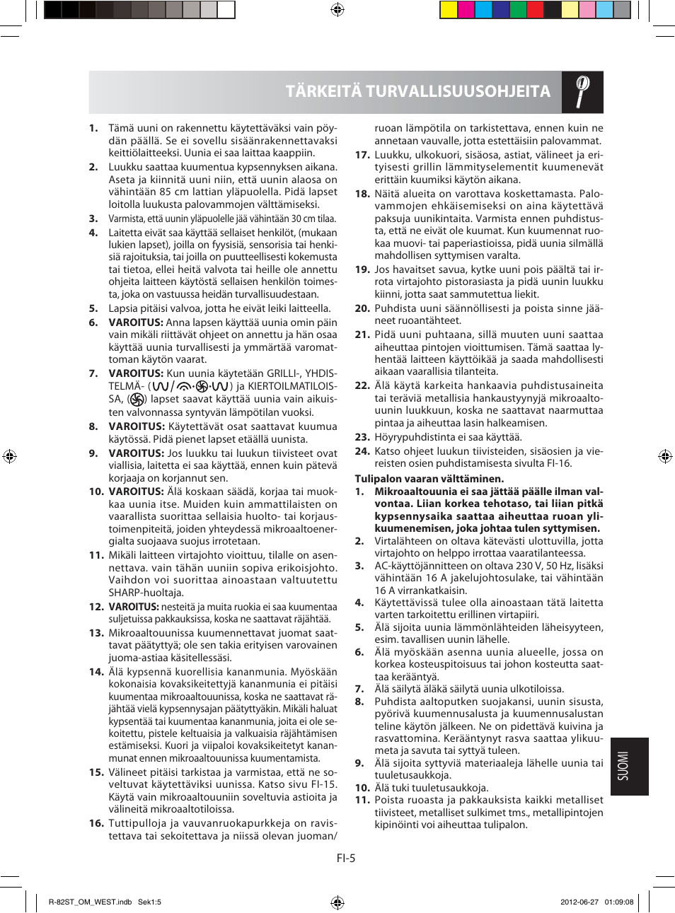 Tärkeitä turvallisuusohjeita, Suomi | Sharp R-82STW Four à micro-ondes combiné User Manual | Page 151 / 180