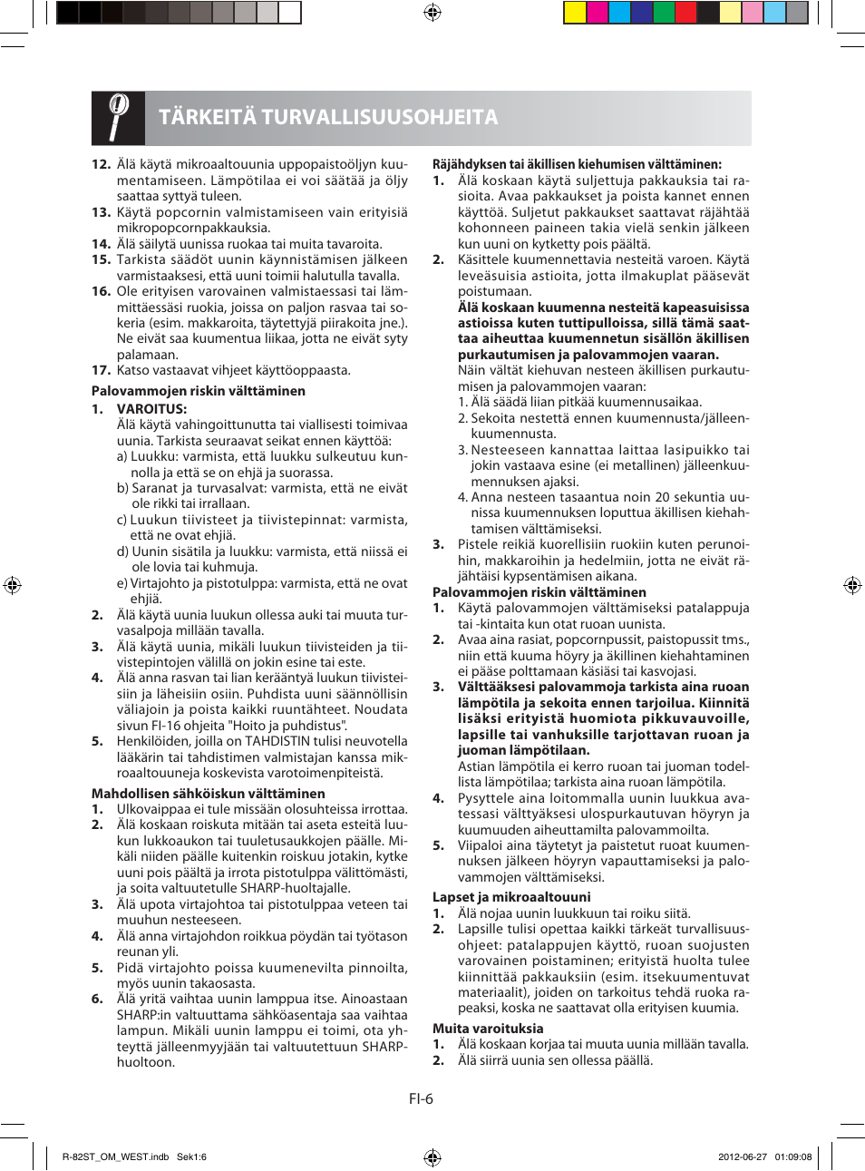 Tärkeitä turvallisuusohjeita | Sharp R-82STW Four à micro-ondes combiné User Manual | Page 152 / 180