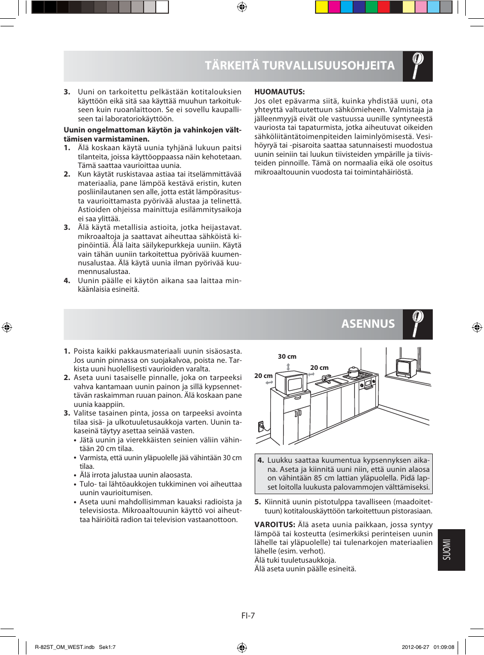 Asennus tärkeitä turvallisuusohjeita, Suomi | Sharp R-82STW Four à micro-ondes combiné User Manual | Page 153 / 180