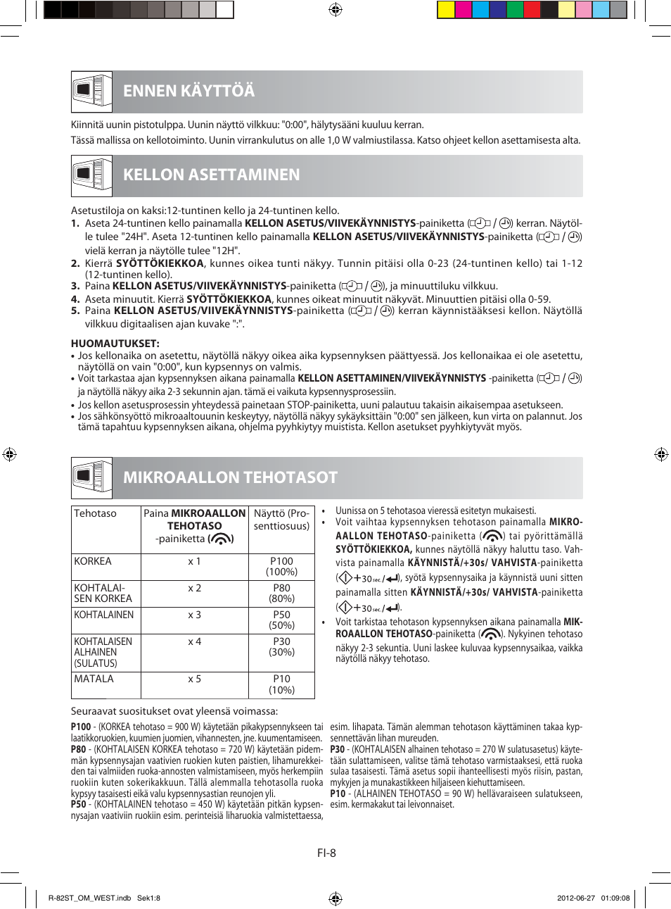 Ennen käyttöä mikroaallon tehotasot, Kellon asettaminen | Sharp R-82STW Four à micro-ondes combiné User Manual | Page 154 / 180