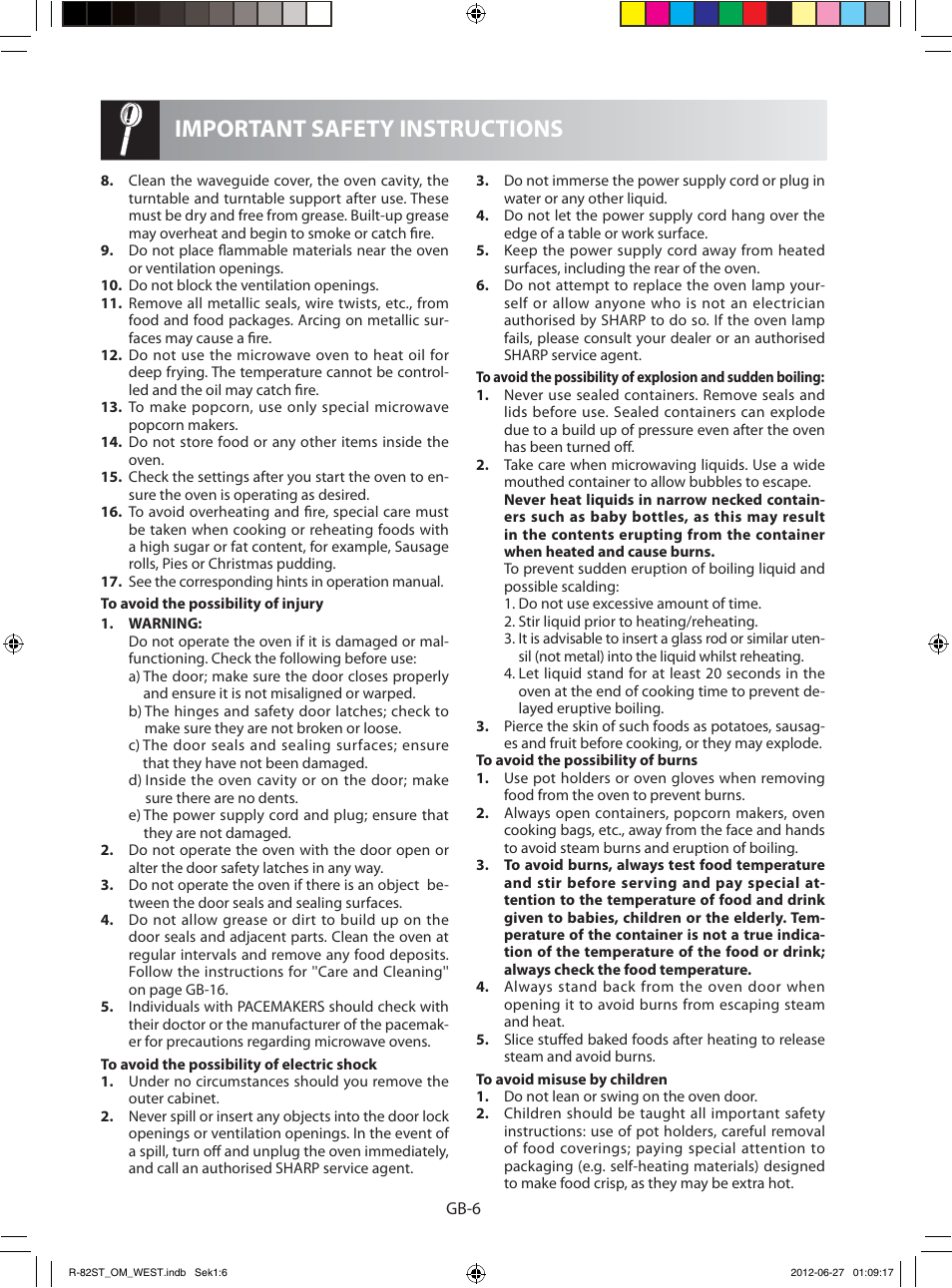 Important safety instructions | Sharp R-82STW Four à micro-ondes combiné User Manual | Page 168 / 180