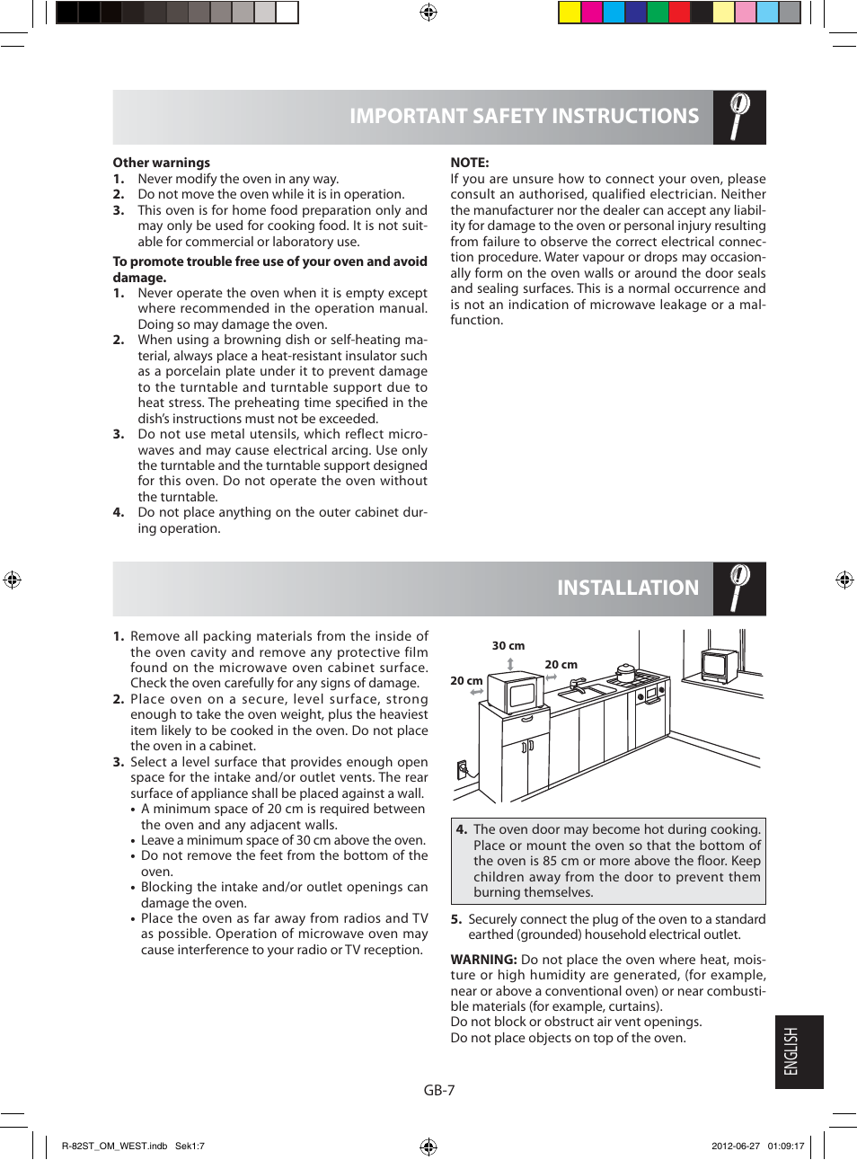 Installation important safety instructions, English | Sharp R-82STW Four à micro-ondes combiné User Manual | Page 169 / 180